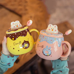 Cute Donut Ceramic Mug With Lid Spoon Coffee Mugs For Couple Large Capacity