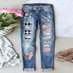 Women's Wide Leg Jeans with Ripped Hole, Plaid Patch, Patchwork, and Cargo Elements
