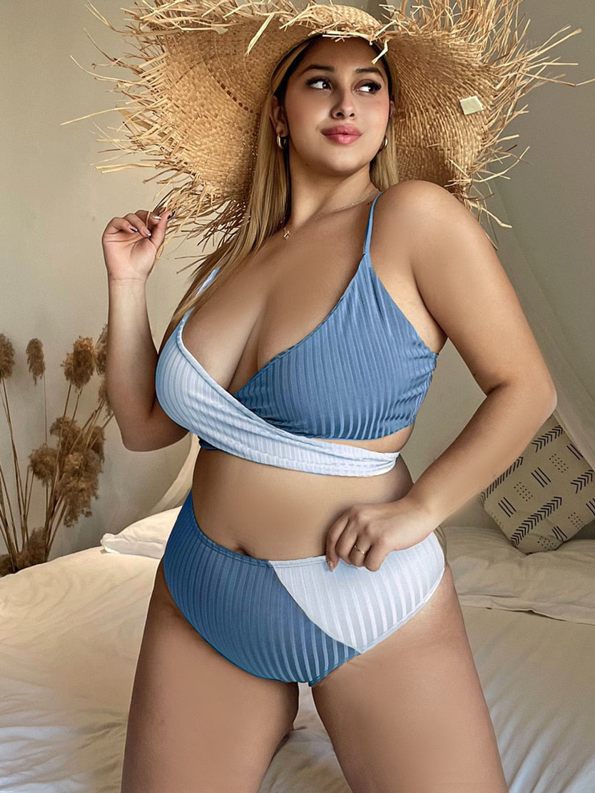 Bikini Set Women Plus Size Color Block Wrap High Waisted Bathing