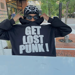 Men Punk Style Hoodies Letter Print Get Lost Punk Thick Autumn Winter