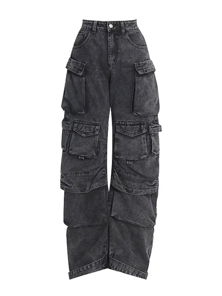 Y2K Plus-Size Tooling Jeans American Trend Multi-Pocket Straight and Loose Fit