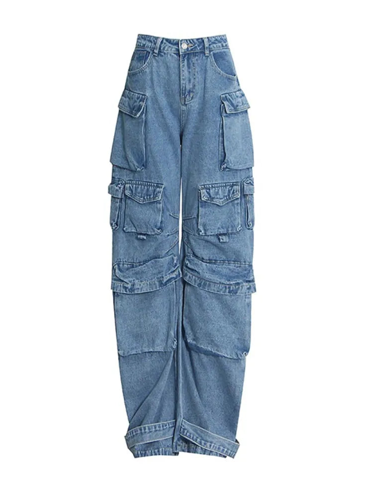 Y2K Plus-Size Tooling Jeans American Trend Multi-Pocket Straight and Loose Fit