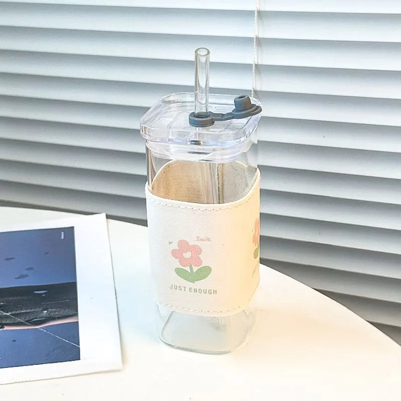 Square Glass Cup with Lid and Straw Heat Resistant for Juice