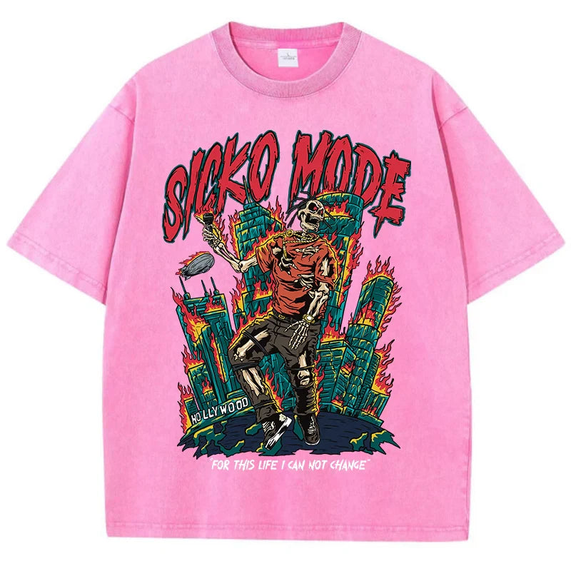 Street Clothing Washed Old Cotton Streetwear Skeleton Singer Graphic
