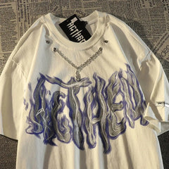 Cotton short sleeved t-shirt trend fried street flame necklace
