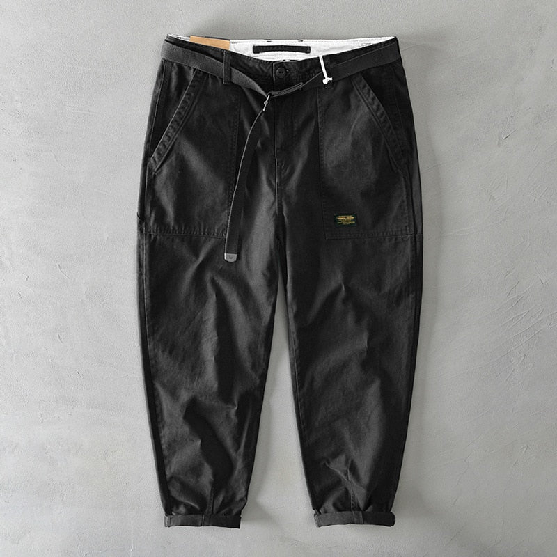 Cotton Men Cargo Pants Korean Style  Casual Loose Belt Mid Waist Slim Fit
