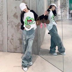 Jeans American High Street Y2k Girl Denim Trousers New Loose Casual Wide Leg Pants