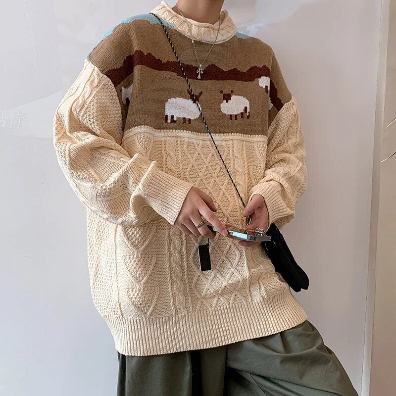 Men Wool Sheep Knitted Unlined Aran Sweater Pullover
