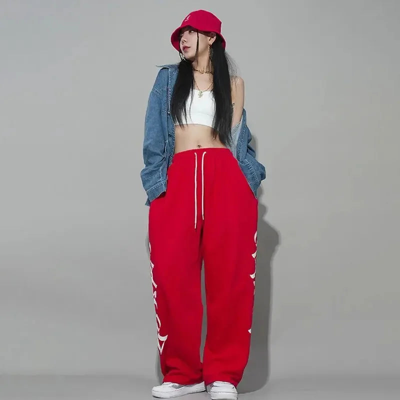 Street Alphabet Red Loose Straight Drawstring Mopping Casual Pants Jazz Dance