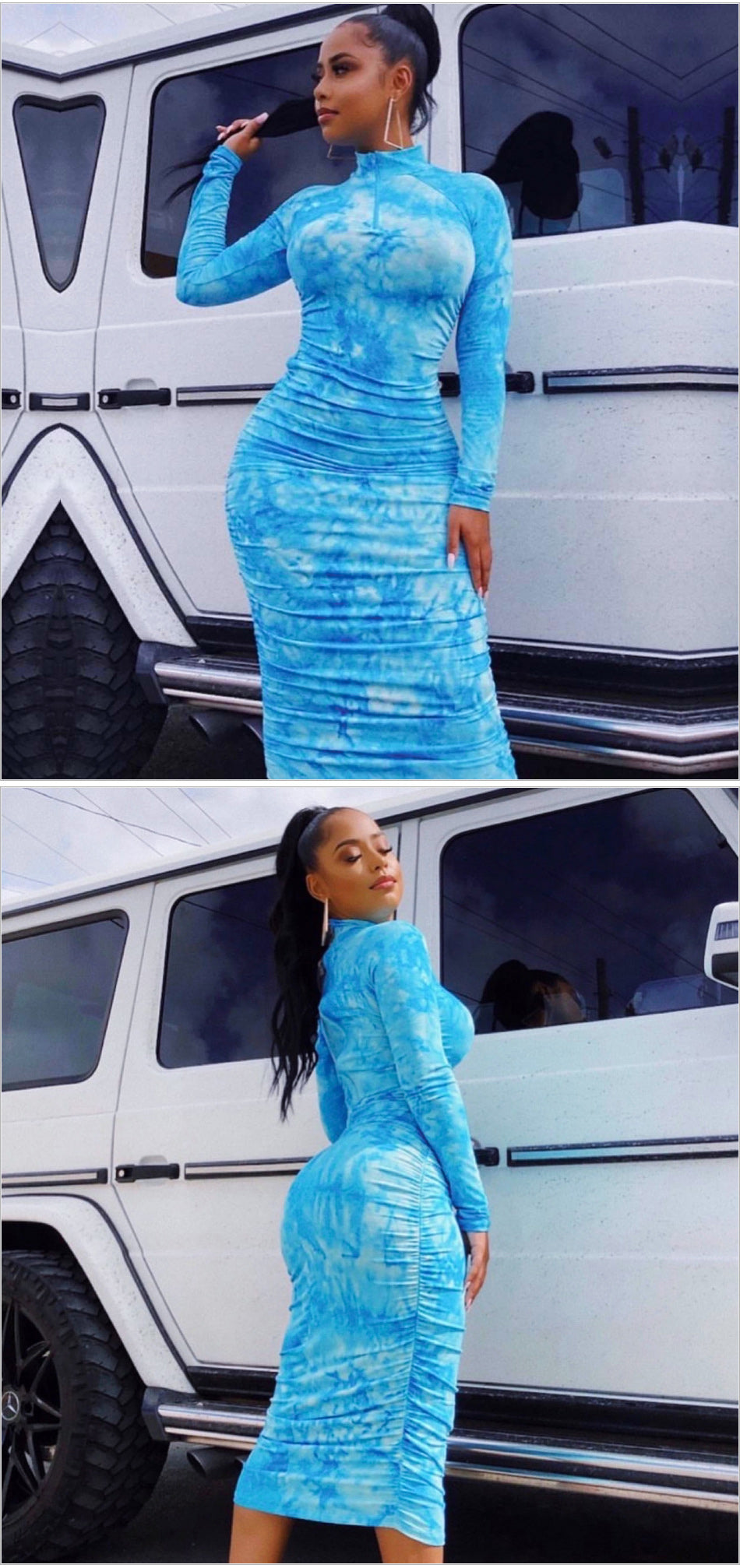 Sky Blue Tie Dye Ruched Dress