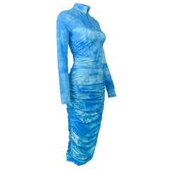 Sky Blue Tie Dye Ruched Dress