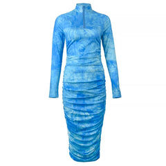 Sky Blue Tie Dye Ruched Dress