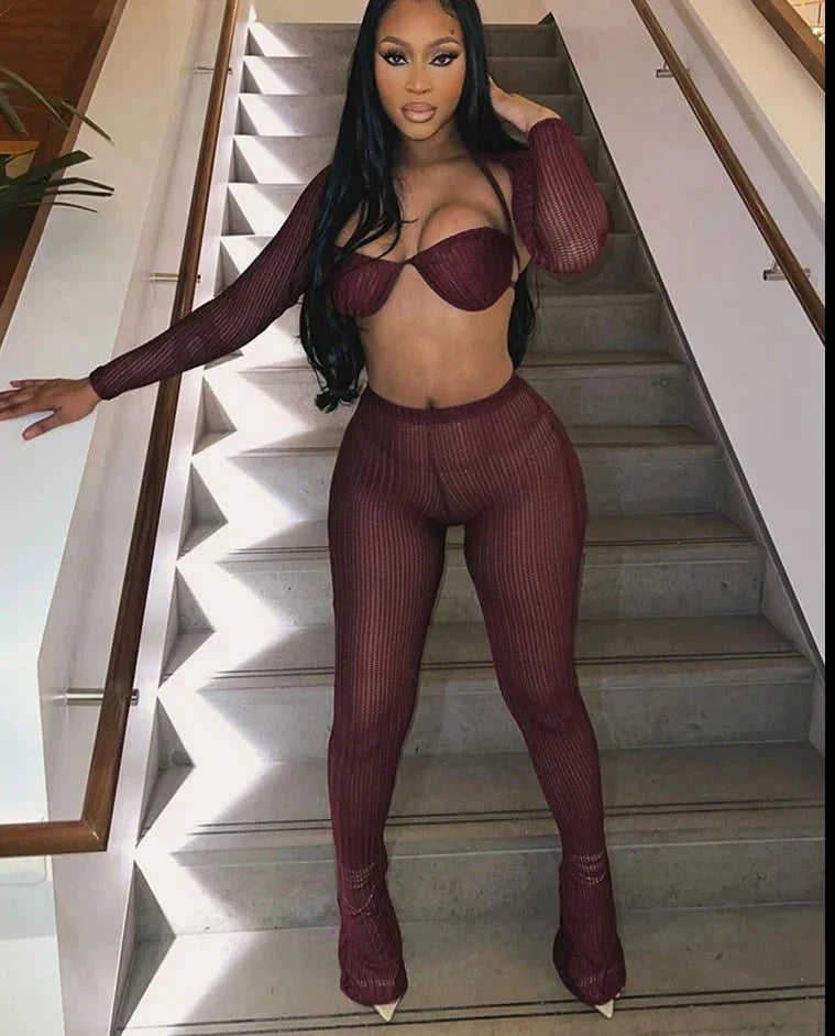 Spike Mesh Knit Leggings Set