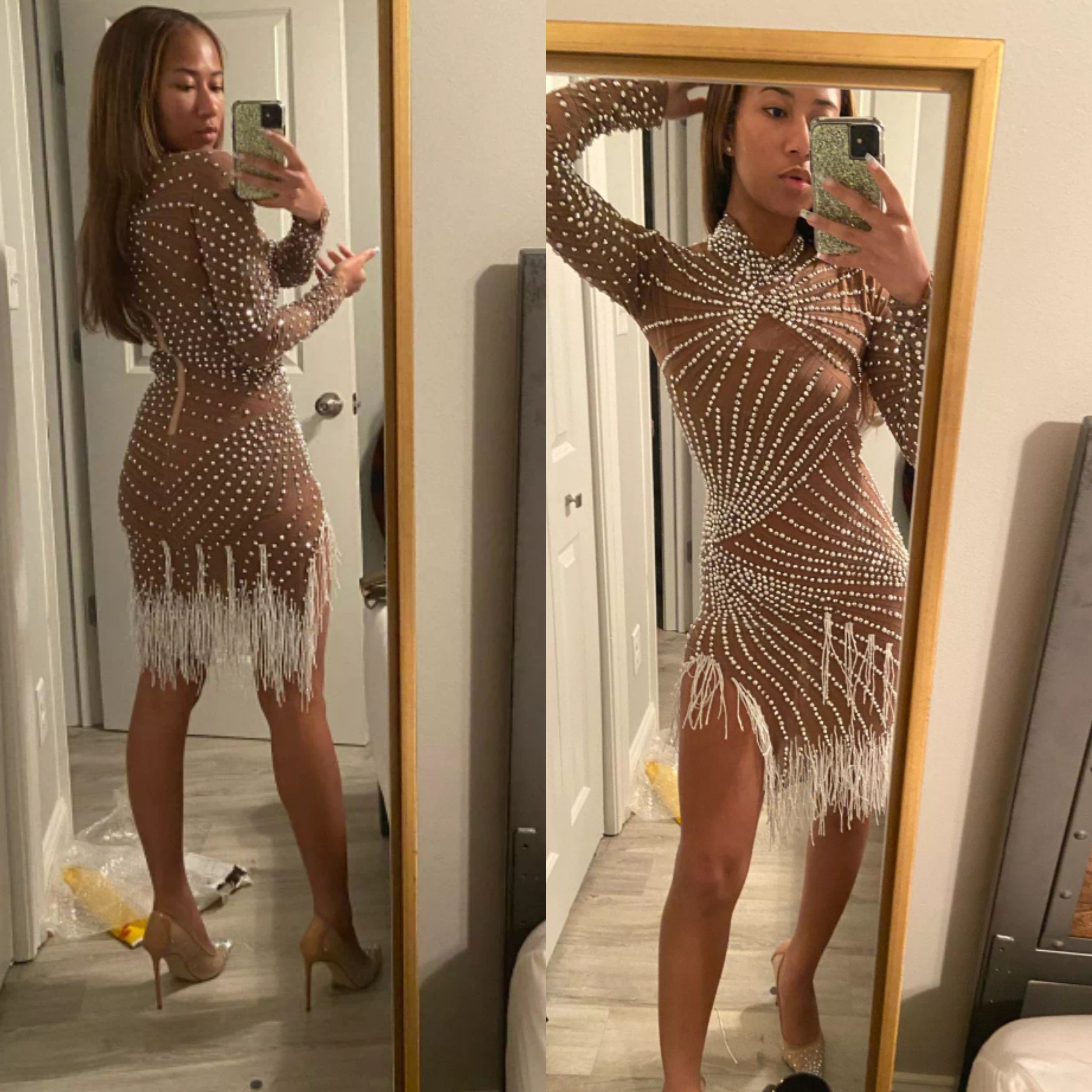 Stoni Pearls Fringe Mesh Dress