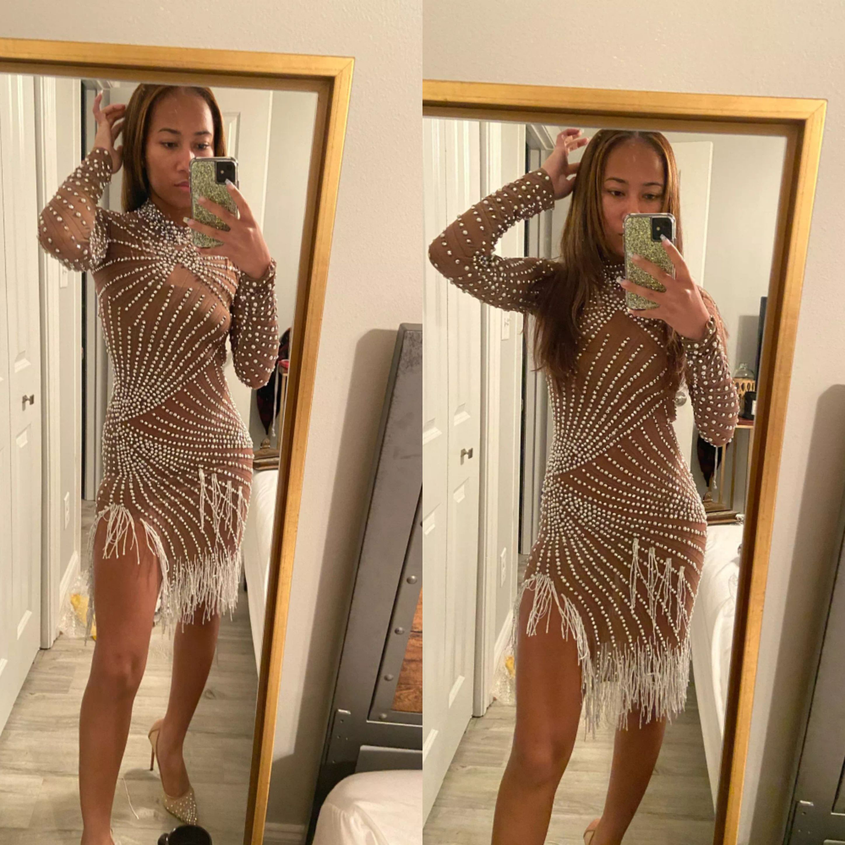 Stoni Pearls Fringe Mesh Dress