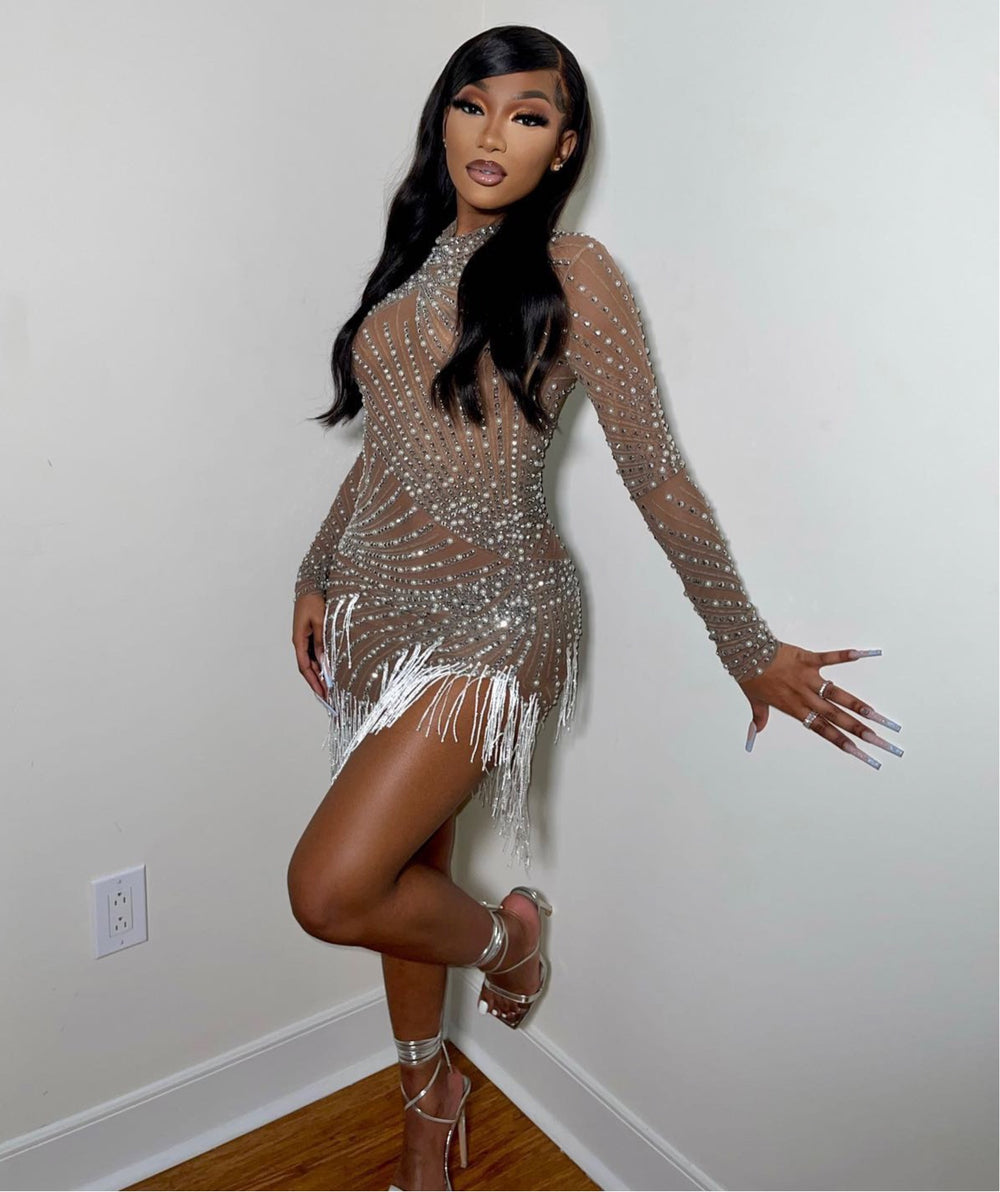 Stoni Pearls Fringe Mesh Dress