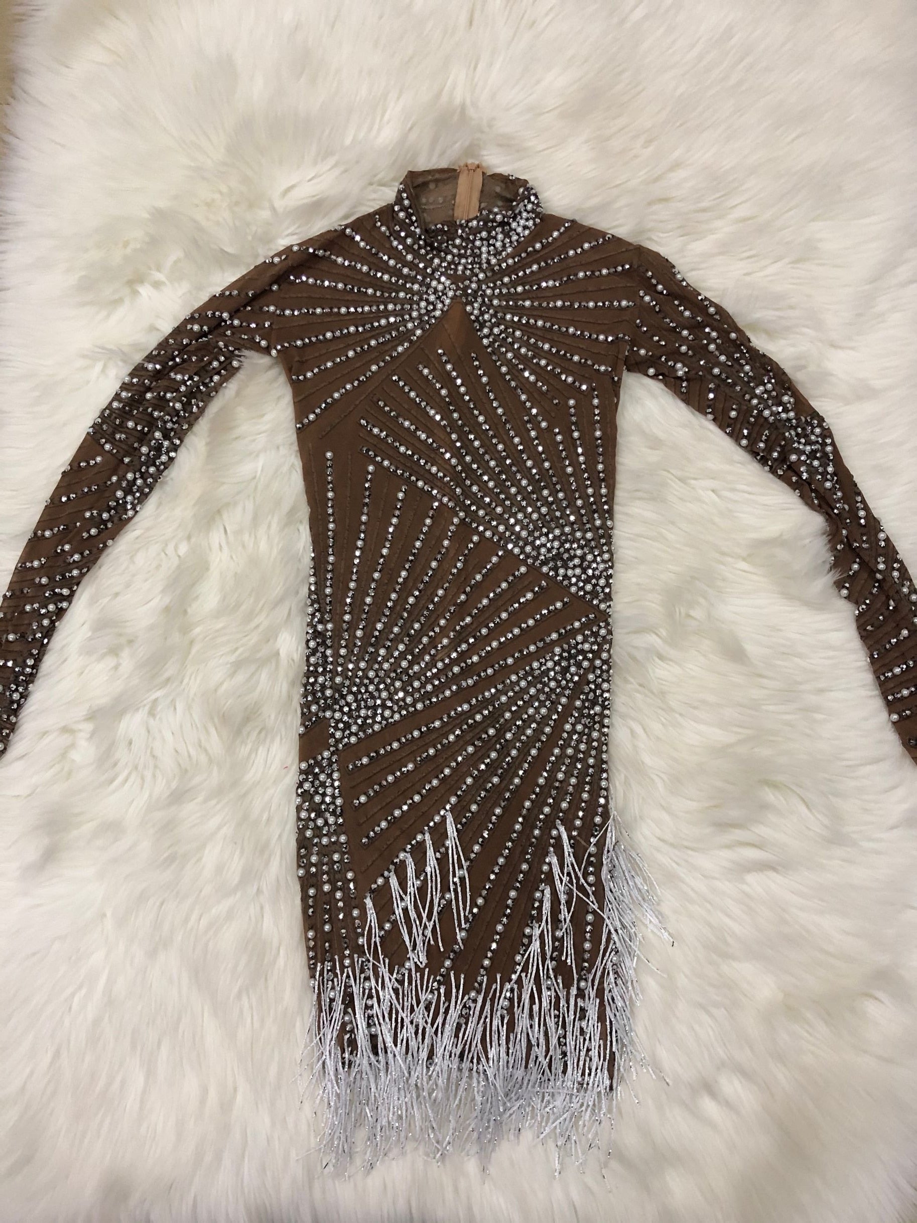 Stoni Pearls Fringe Mesh Dress