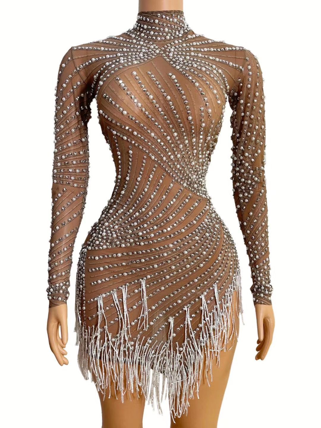 Stoni Pearls Fringe Mesh Dress