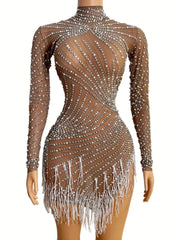 Stoni Pearls Fringe Mesh Dress