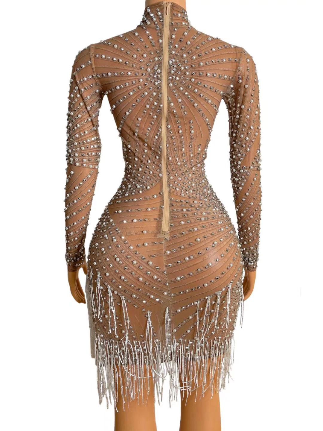 Stoni Pearls Fringe Mesh Dress