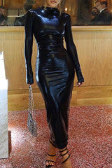 Faux Leather Dark Solid Fitted Midi Dress