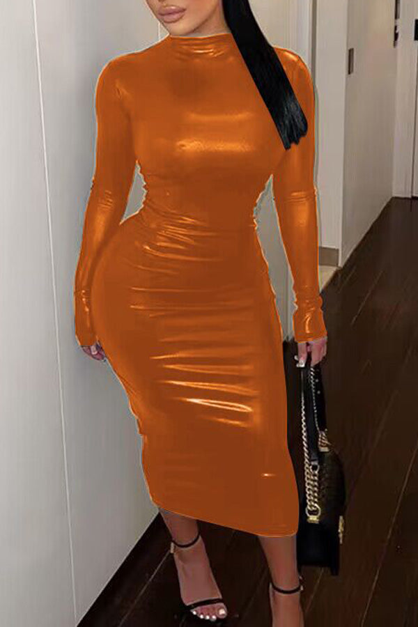 Faux Leather Dark Solid Fitted Midi Dress