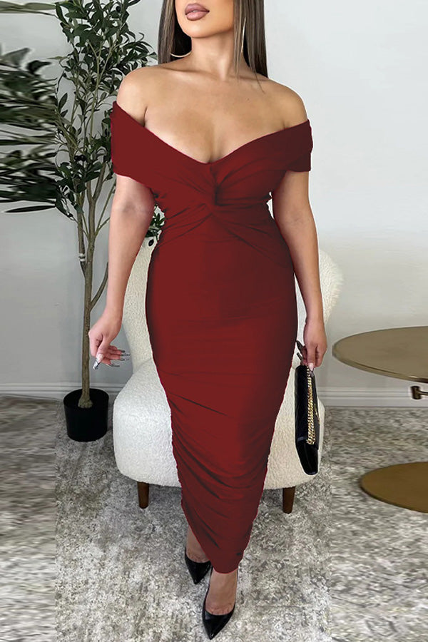 Solid V Neck Pleated Dress Midi Dress