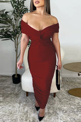 Solid V Neck Pleated Dress Midi Dress