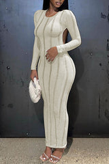 Solid Color Knit Back Knit Long Sleeve Midi Dress