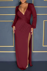 Balloon Sleeve V Neck Solid Color Slit Maxi Dress