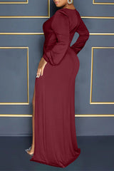 Balloon Sleeve V Neck Solid Color Slit Maxi Dress