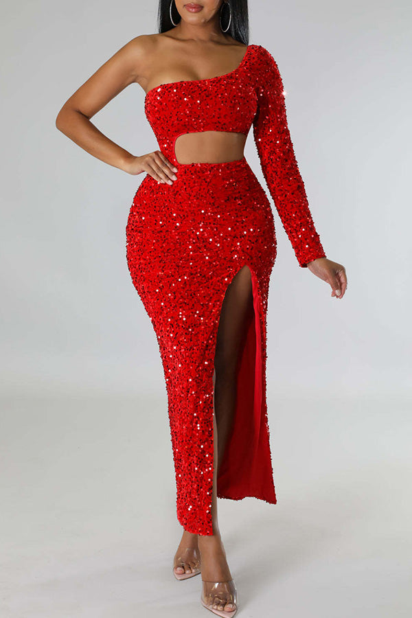 One Shoulder Hollow Long Sleeve High Slit Sequin Maxi  Dress