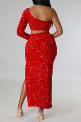 One Shoulder Hollow Long Sleeve High Slit Sequin Maxi  Dress