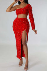 One Shoulder Hollow Long Sleeve High Slit Sequin Maxi  Dress