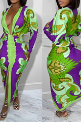 Printed V-neck Sheath Maxi Dress