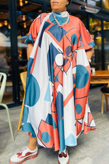 Casual Half Turtleneck Short Sleeve Plus Size Printed Midi Dress