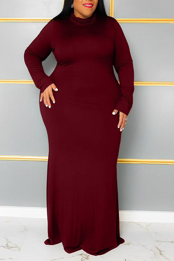 Plus Size Pile Neck Solid Color Maxi Dress