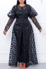 Mesh Puff Sleeve Button Cardigan Long Dress