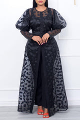 Mesh Puff Sleeve Button Cardigan Long Dress