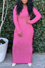 Casual Round Neck Long Sleeves Fur Midi Dress