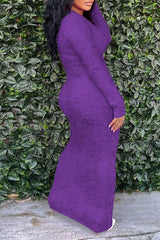 Casual Round Neck Long Sleeves Fur Midi Dress