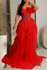 Elegant Solid Color Sleeveless Wrap Mesh Maxi Dress