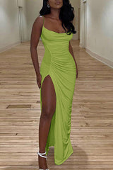 Pleated Pocket Collar Suspender Elegant Slim Maxi Dress