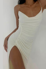 Pleated Pocket Collar Suspender Elegant Slim Maxi Dress