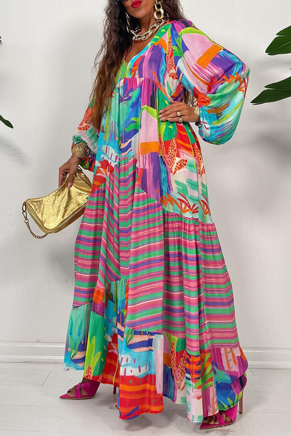 Vintage Court Wind Print Pleated Long Sleeve Loose Maxi Dress
