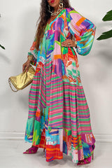 Vintage Court Wind Print Pleated Long Sleeve Loose Maxi Dress