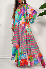 Vintage Court Wind Print Pleated Long Sleeve Loose Maxi Dress