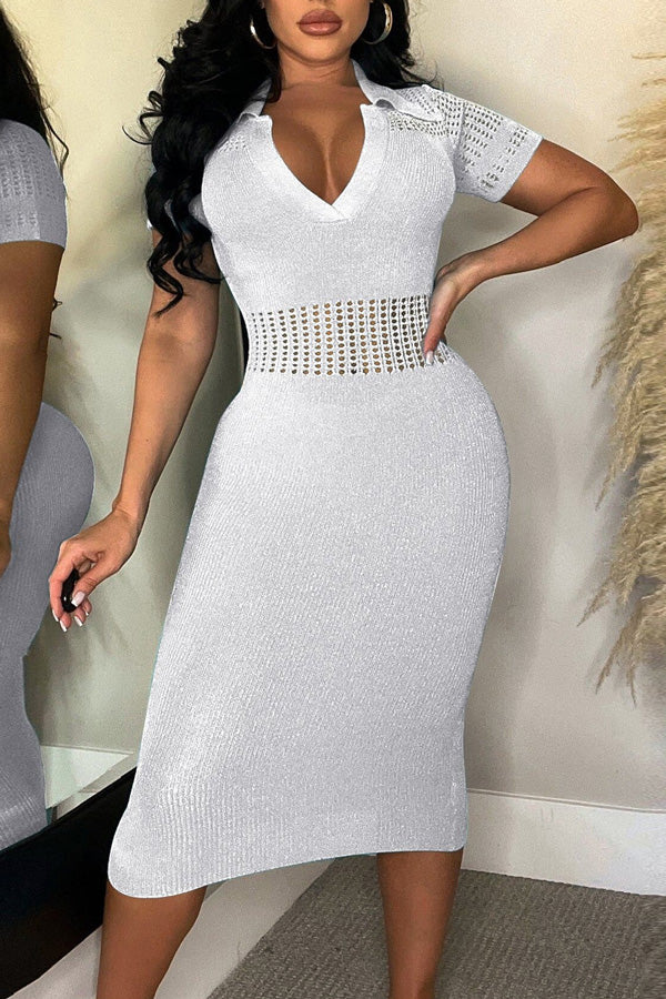 Ice Silk Lapel Ripped Slim Fit Midi Dress