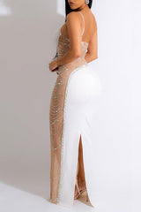 One-shoulder Pearl Hot Diamond See-through Mesh Maxi Dress