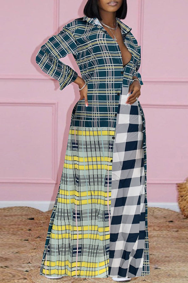 Casual Stitching Color Contrast Shirt Maxi Dress